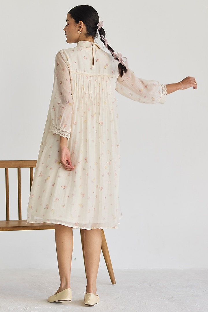 Ivory Handwoven Chanderi Floral Printed Knee-Length Summer Dress by Juanita by Shubhda at Pernia's Pop Up Shop