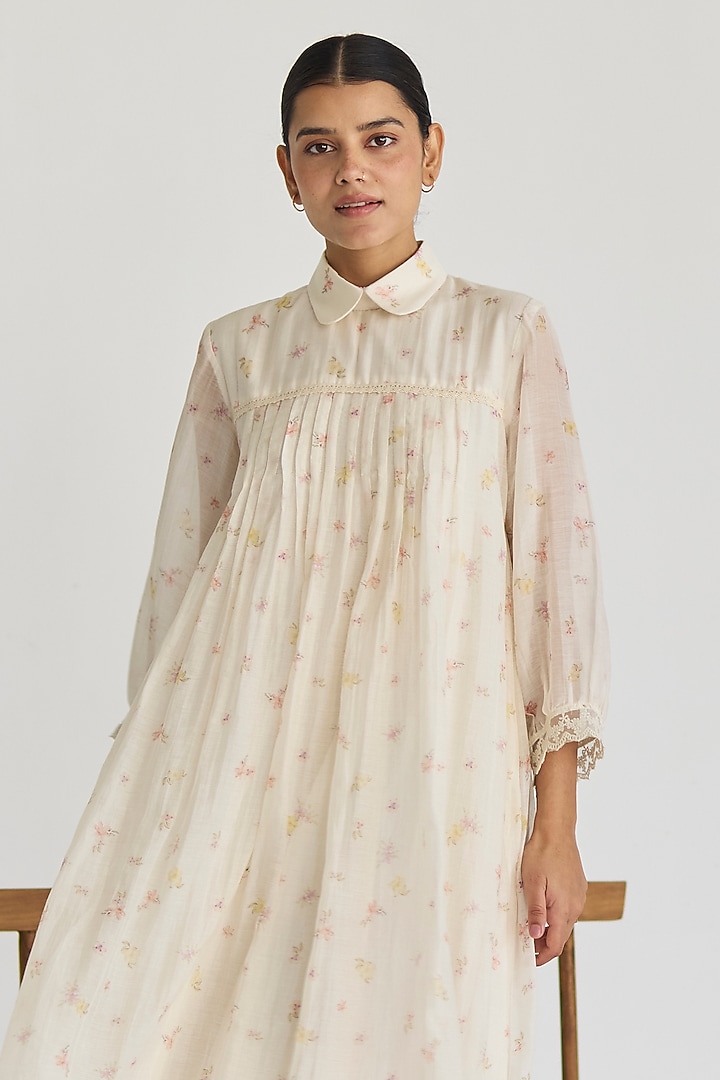 Ivory Handwoven Chanderi Floral Printed Knee-Length Summer Dress by Juanita by Shubhda at Pernia's Pop Up Shop