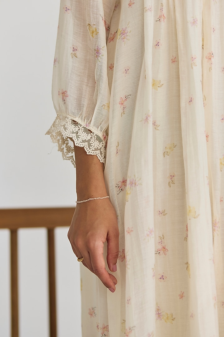 Ivory Handwoven Chanderi Floral Printed Knee-Length Summer Dress by Juanita by Shubhda at Pernia's Pop Up Shop