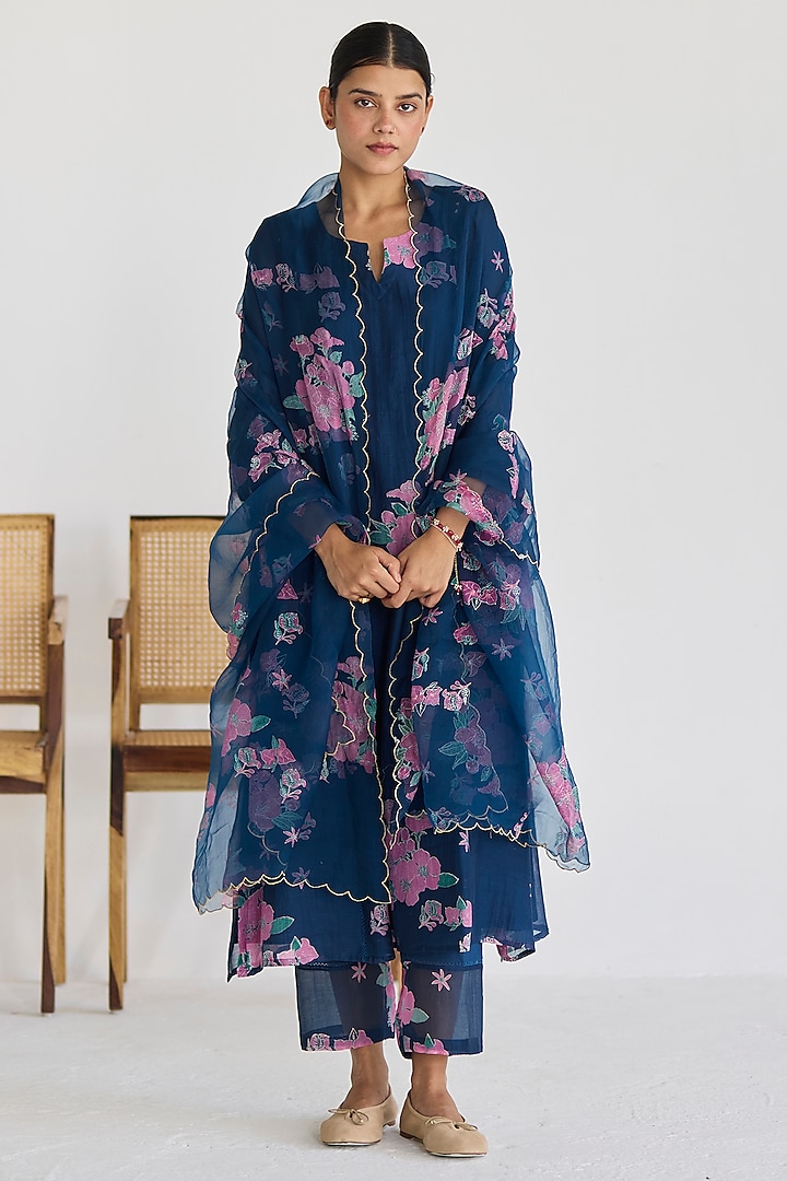 Midnight Blue Handwoven Chanderi Embellished & Printed Kurta Set by Juanita by Shubhda at Pernia's Pop Up Shop