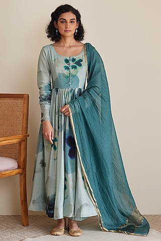 Blue & Green Pure Cotton Digital Printed Anarkali Set by Juanita by Shubhda