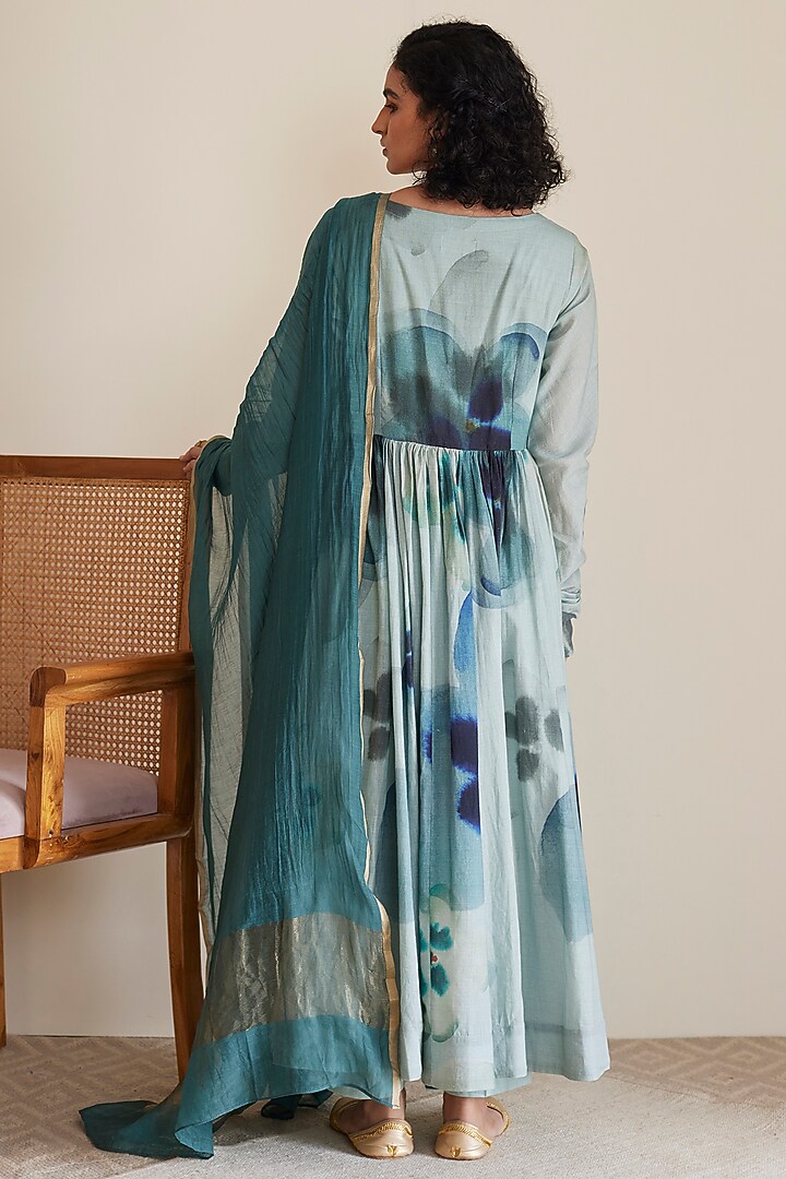 Blue & Green Pure Cotton Digital Printed Anarkali Set by Juanita by Shubhda at Pernia's Pop Up Shop