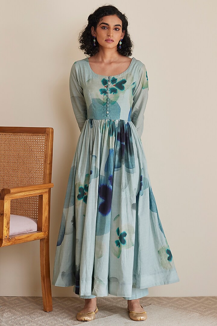 Blue & Green Pure Cotton Digital Printed Anarkali Set by Juanita by Shubhda at Pernia's Pop Up Shop