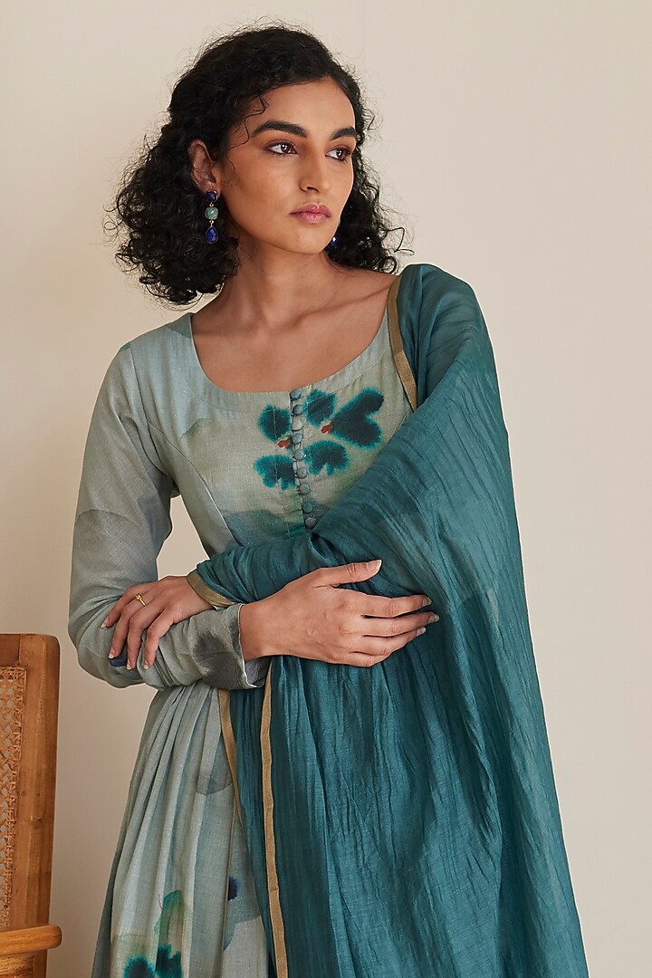 Blue & Green Pure Cotton Digital Printed Anarkali Set by Juanita by Shubhda at Pernia's Pop Up Shop