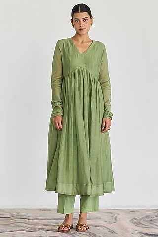 Sea Green Handwoven Chanderi Gathered Anarkali Set by Juanita by Shubhda