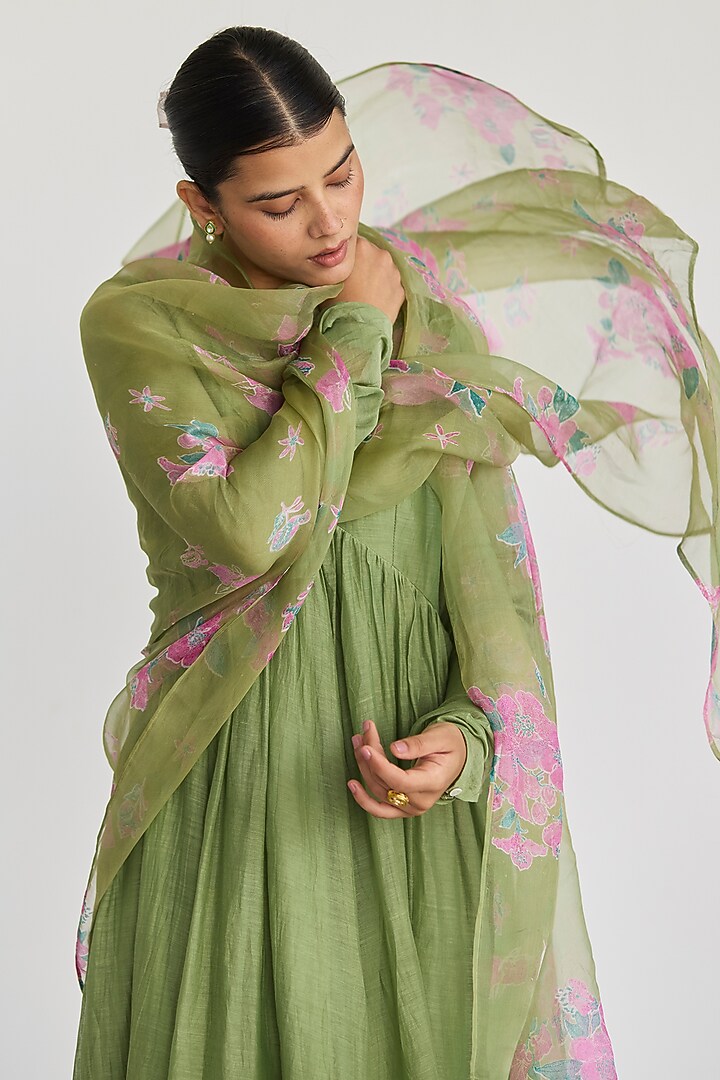 Sea Green Handwoven Chanderi Gathered Party Wear Anarkali Set by Juanita by Shubhda at Pernia's Pop Up Shop
