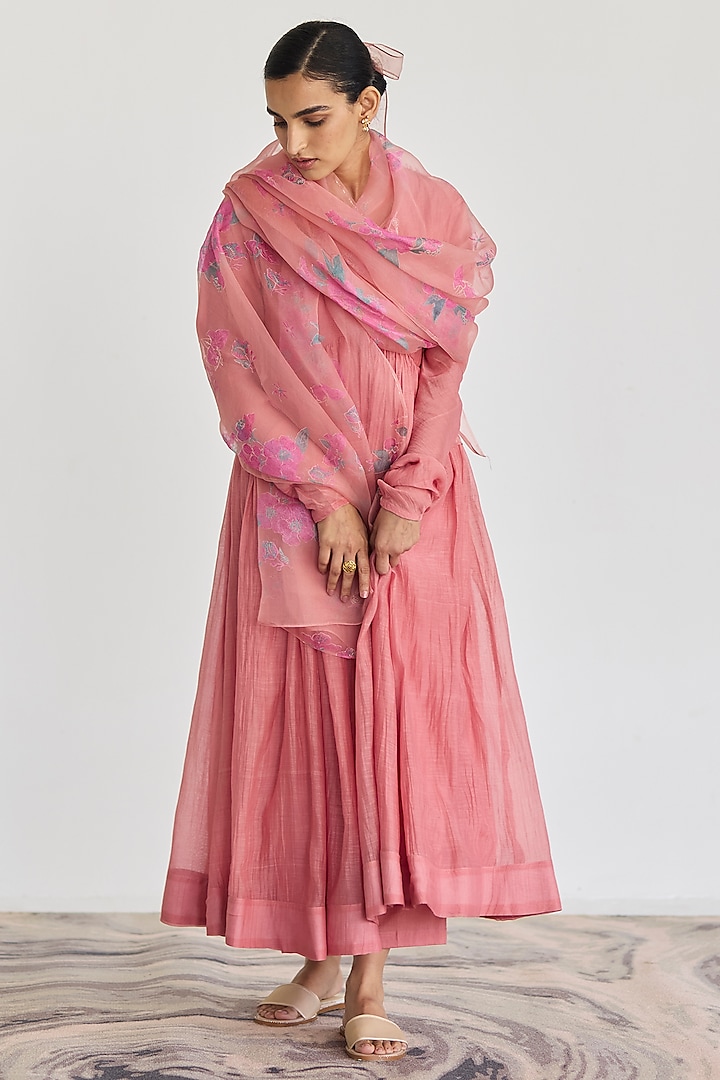 Rose Pink Handwoven Chanderi Gathered Anarkali Set by Juanita by Shubhda at Pernia's Pop Up Shop