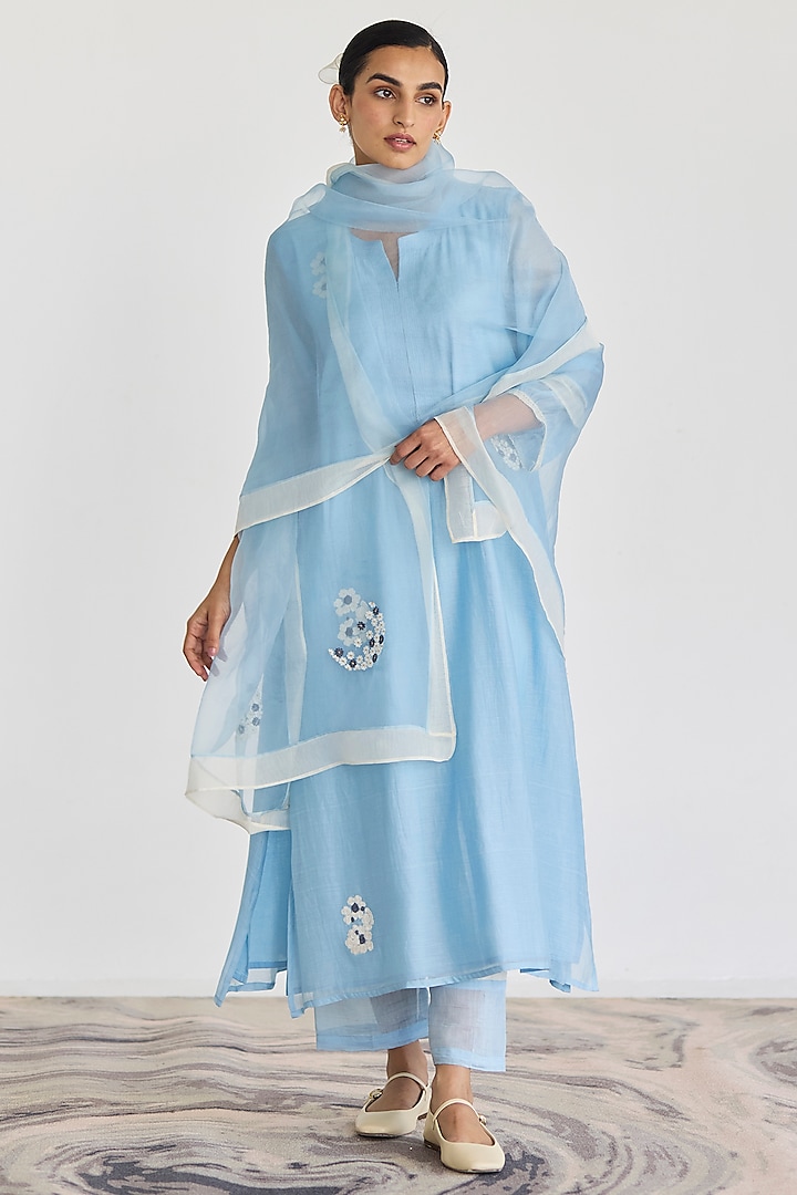 Powder Blue Handwoven Chanderi Resham Embroidered Kurta Set by Juanita by Shubhda