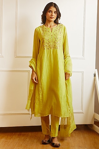 Lime Yellow Embroidered Kurta Set by Juanita by Shubhda