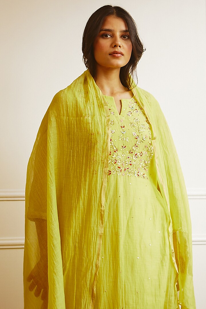 Lime Yellow Embroidered Kurta Set by Juanita by Shubhda at Pernia's Pop Up Shop