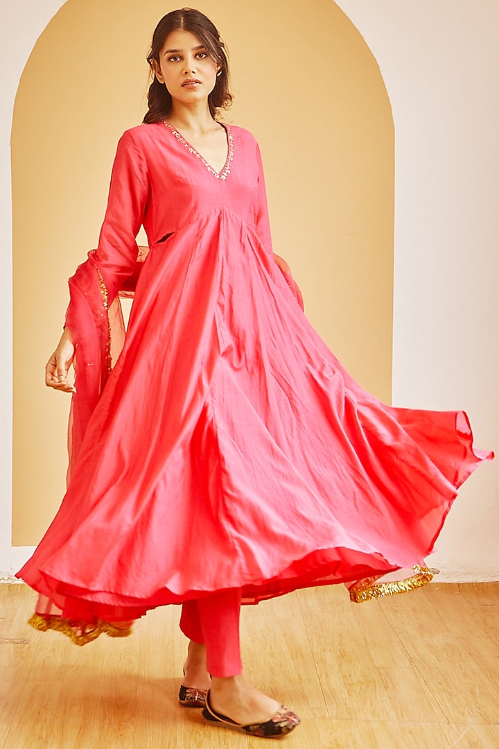 Hot Pink Embroidered Anarkali Set by Juanita by Shubhda at Pernia's Pop Up Shop