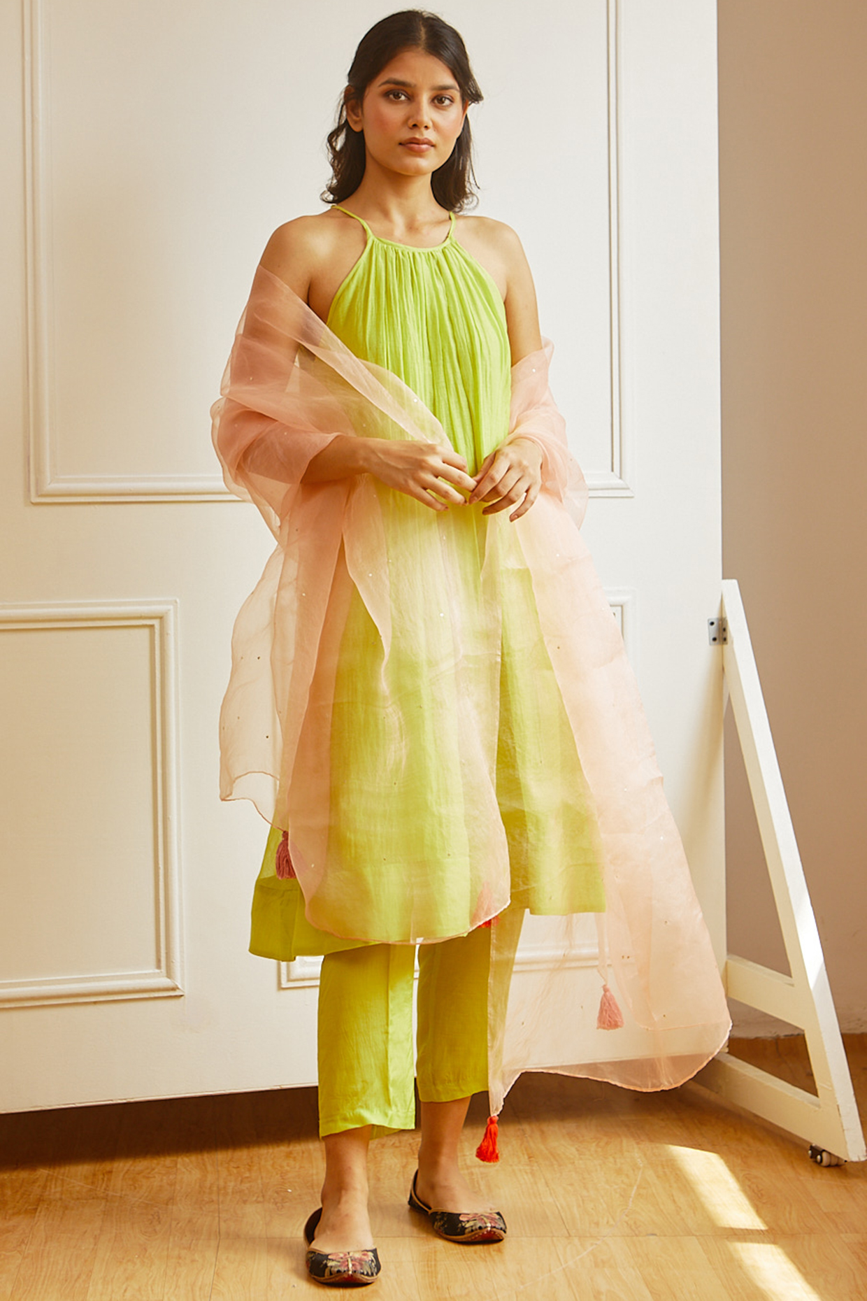 Lime Green Handwoven Chanderi Tunic Set by Juanita Ensemble 