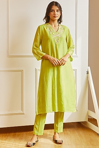 Lime Green Embroidered Kurta Set by Juanita by Shubhda