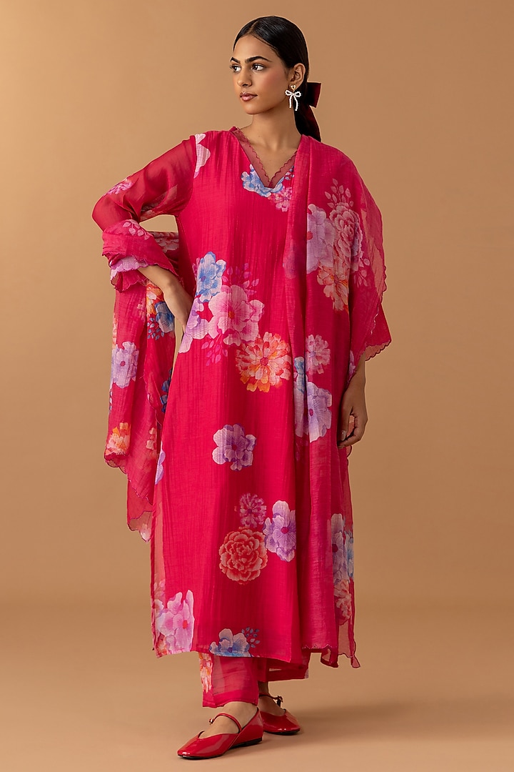 Cherry Red Handwoven Chanderi Floral Printed Kurta Set by Juanita by Shubhda at Pernia's Pop Up Shop