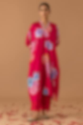 Cherry Red Pure Silk Printed & Embroidered Kaftan Set by Juanita by Shubhda at Pernia's Pop Up Shop