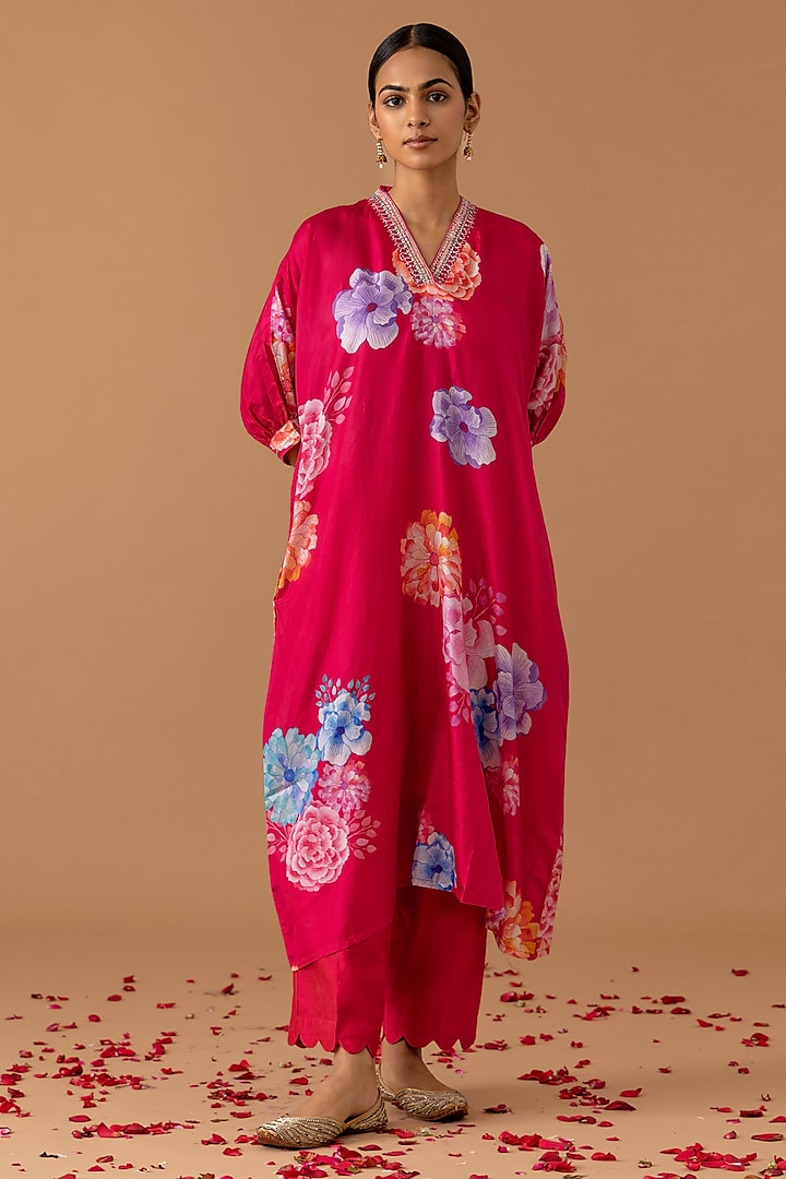 Cherry Red Pure Silk Printed & Embroidered Kaftan Set by Juanita by Shubhda at Pernia's Pop Up Shop