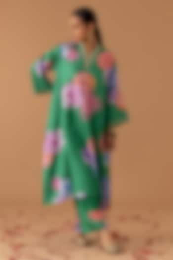 Jade Green Pure Silk Printed & Embroidered Kaftan Set by Juanita by Shubhda at Pernia's Pop Up Shop