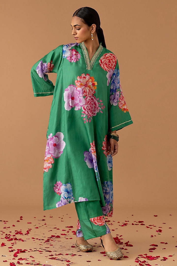 Jade Green Pure Silk Printed & Embroidered Kaftan Set by Juanita by Shubhda at Pernia's Pop Up Shop