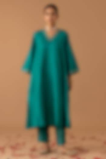 Teal Pure Silk Hand Embroidered Kaftan Set by Juanita by Shubhda at Pernia's Pop Up Shop