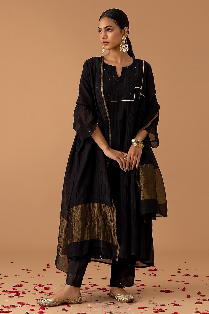 Midnight Black Handwoven Chanderi Gota Embellished Kurta Set by Juanita by Shubhda at Pernia's Pop Up Shop