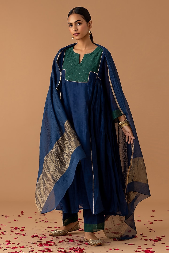 Teal & Green Handwoven Chanderi Gota Embellished Kurta Set by Juanita by Shubhda at Pernia's Pop Up Shop