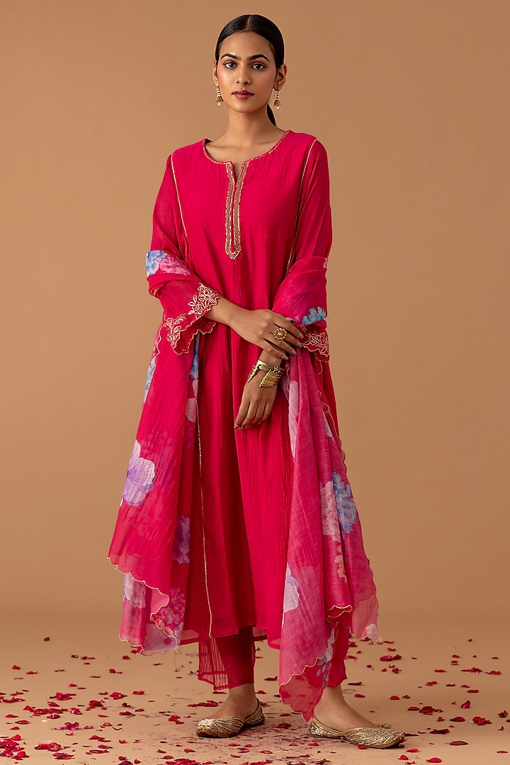 Ruby Red Handwoven Chanderi Zari Embellished Kurta Set by Juanita by Shubhda at Pernia's Pop Up Shop