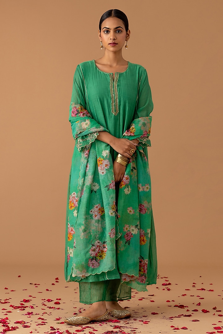 Jade Green Handwoven Chanderi Zari Hand Embellished Kurta Set by Juanita by Shubhda at Pernia's Pop Up Shop