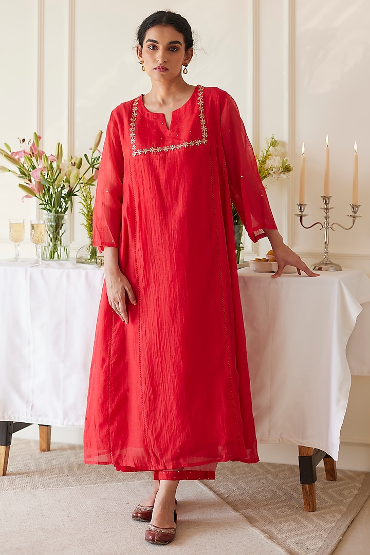 Scarlet Red Handwoven Chanderi Sequins Embellished Kurta Set by Juanita by Shubhda at Pernia's Pop Up Shop