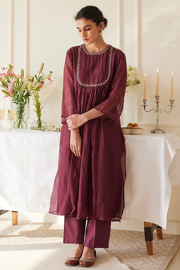 Wine Handwoven Chanderi Aari Embroidered Kurta Set Design by Juanita ...