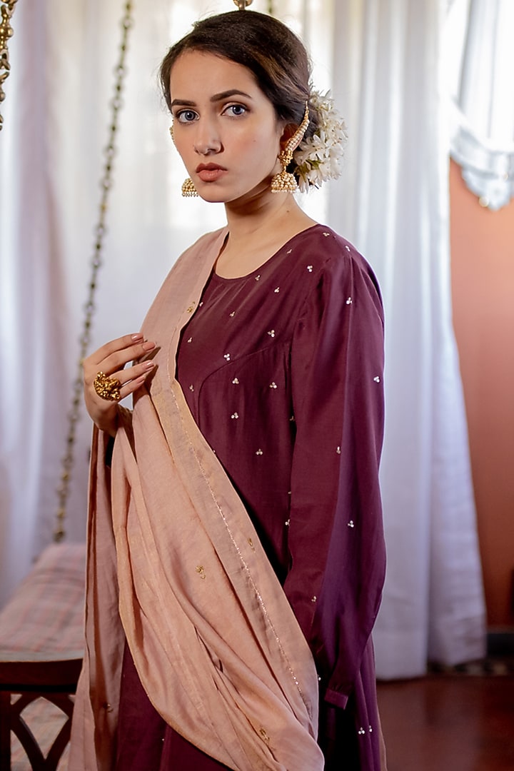 Wine Embroidered Party Wear Anarkali Set by Juanita by Shubhda at Pernia's Pop Up Shop
