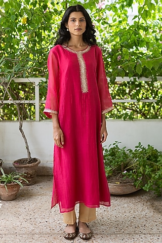 Hot PInk Zardosi Embroidered Kurta Set by Juanita by Shubhda