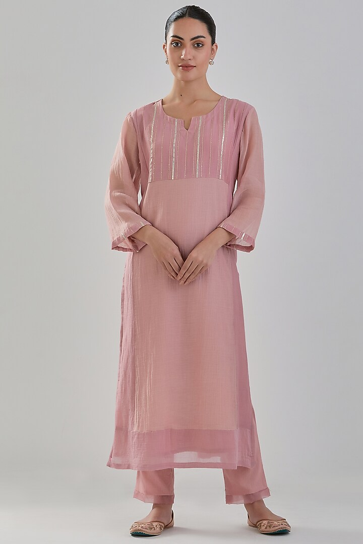 Old Rose Handwoven Chanderi Kurta Set by Juanita by Shubhda at Pernia's Pop Up Shop
