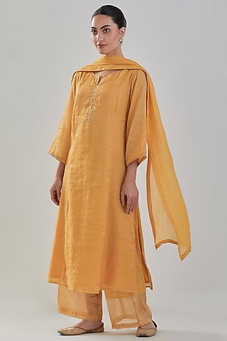 Ochre Chanderi Tissue Kurta Set by Juanita by Shubhda