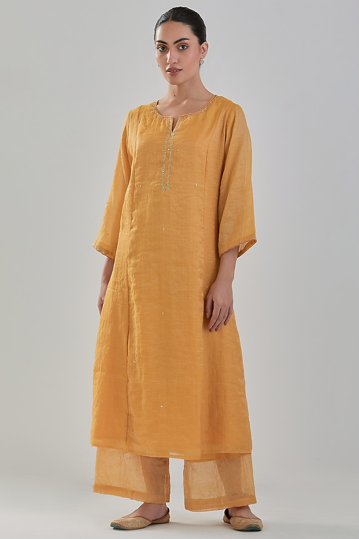 Ochre Chanderi Tissue Kurta Set by Juanita by Shubhda at Pernia's Pop Up Shop