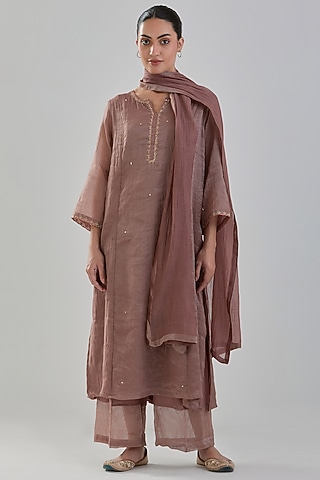 Brown Chanderi Tissue Kurta Set by Juanita by Shubhda