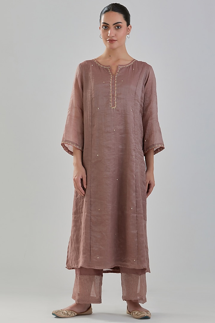 Brown Chanderi Tissue Kurta Set by Juanita by Shubhda at Pernia's Pop Up Shop
