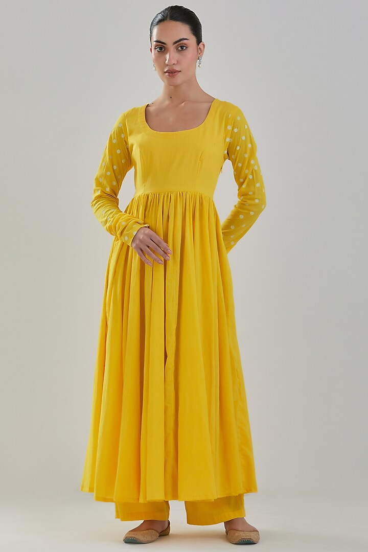 Yellow Handwoven Chanderi Anarkali Set by Juanita by Shubhda at Pernia's Pop Up Shop