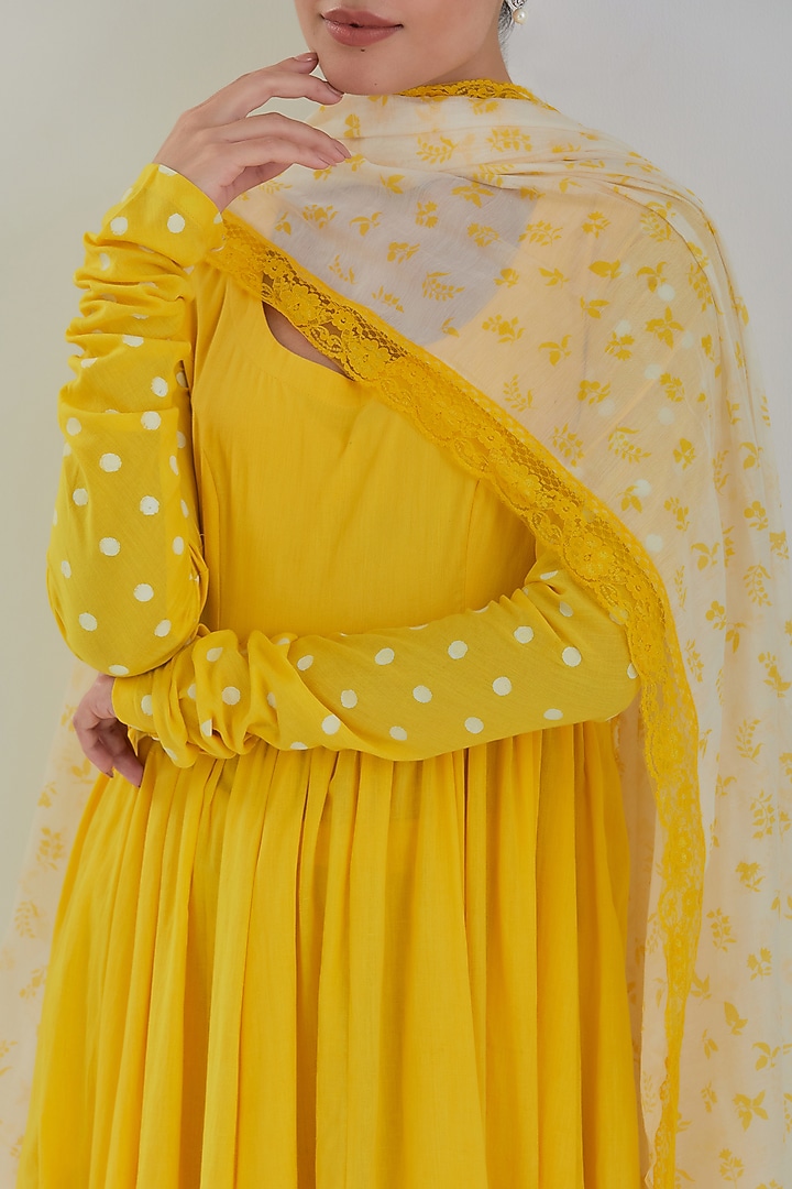 Yellow Handwoven Chanderi Anarkali Set by Juanita by Shubhda at Pernia's Pop Up Shop