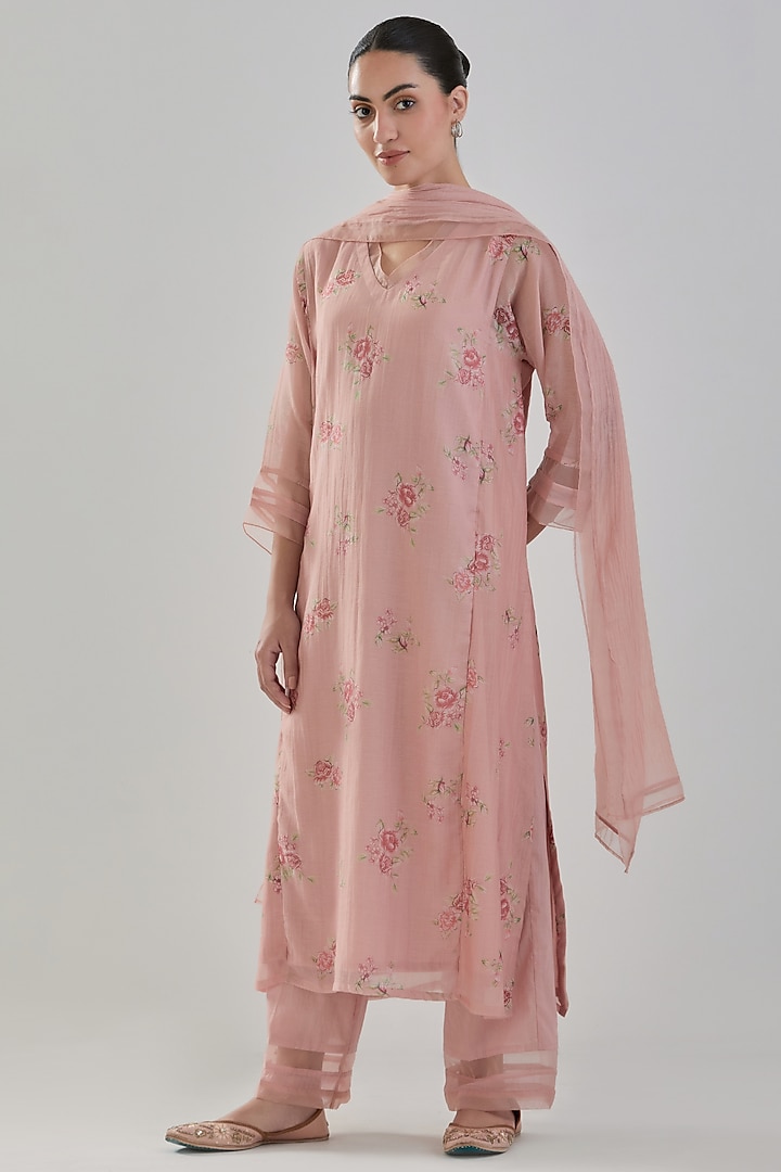 Old Rose Handwoven Chanderi Kurta Set by Juanita Ensemble 