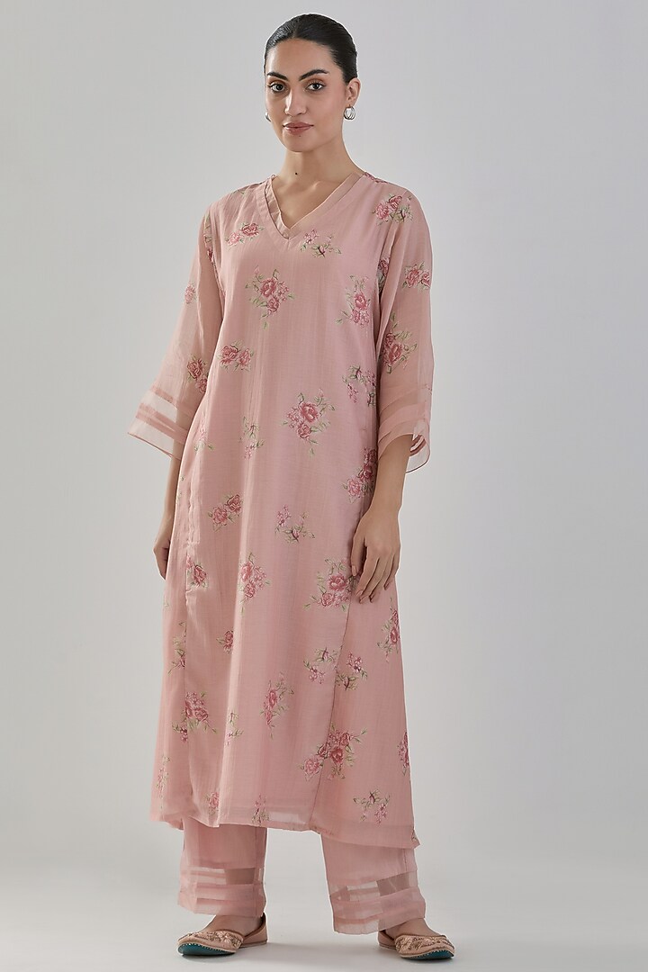 Old Rose Handwoven Chanderi Kurta Set by Juanita by Shubhda at Pernia's Pop Up Shop