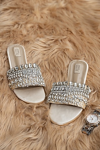 Beige PU Crystal Work Flats by Jutti Express