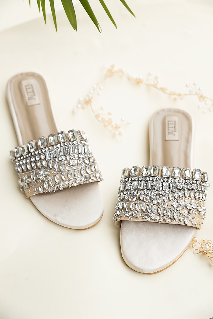 Beige PU Crystal Work Flats by Jutti Express at Pernia's Pop Up Shop