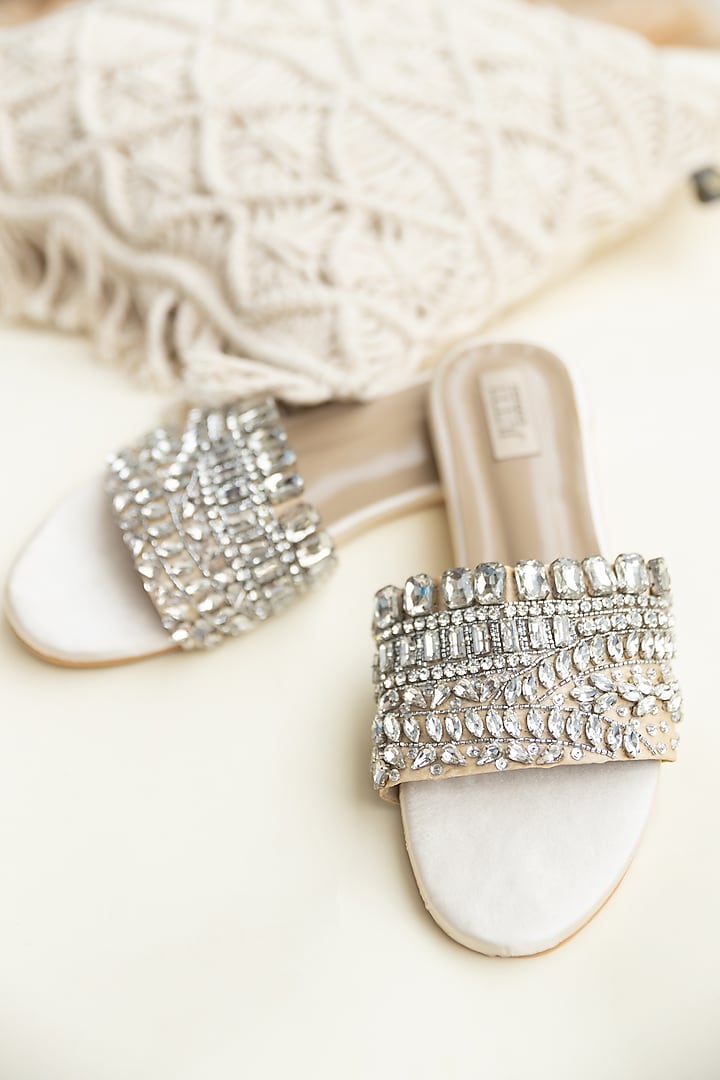 Beige PU Crystal Work Flats by Jutti Express at Pernia's Pop Up Shop