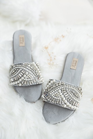 Grey PU Pearl & Crystal Work Flats by Jutti Express