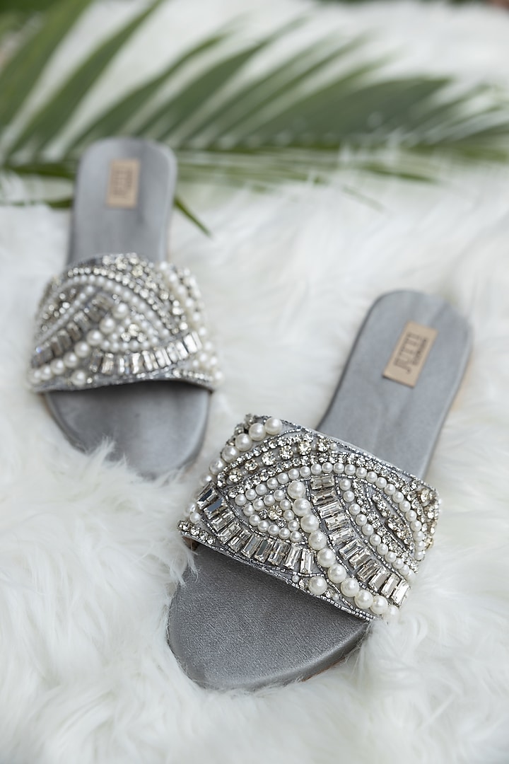 Grey PU Pearl & Crystal Work Flats by Jutti Express at Pernia's Pop Up Shop