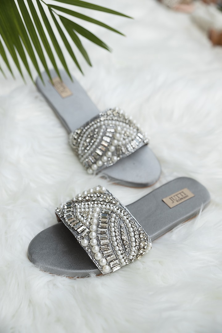 Grey PU Pearl & Crystal Work Flats by Jutti Express at Pernia's Pop Up Shop