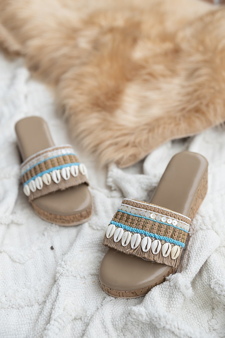 Brown PU Thread Embroidered Wedges by Jutti Express at Pernia's Pop Up Shop