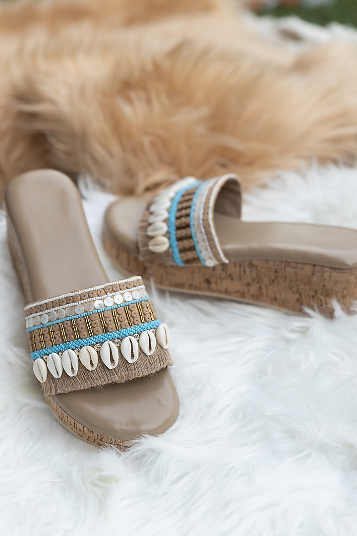 Brown PU Thread Embroidered Wedges by Jutti Express at Pernia's Pop Up Shop