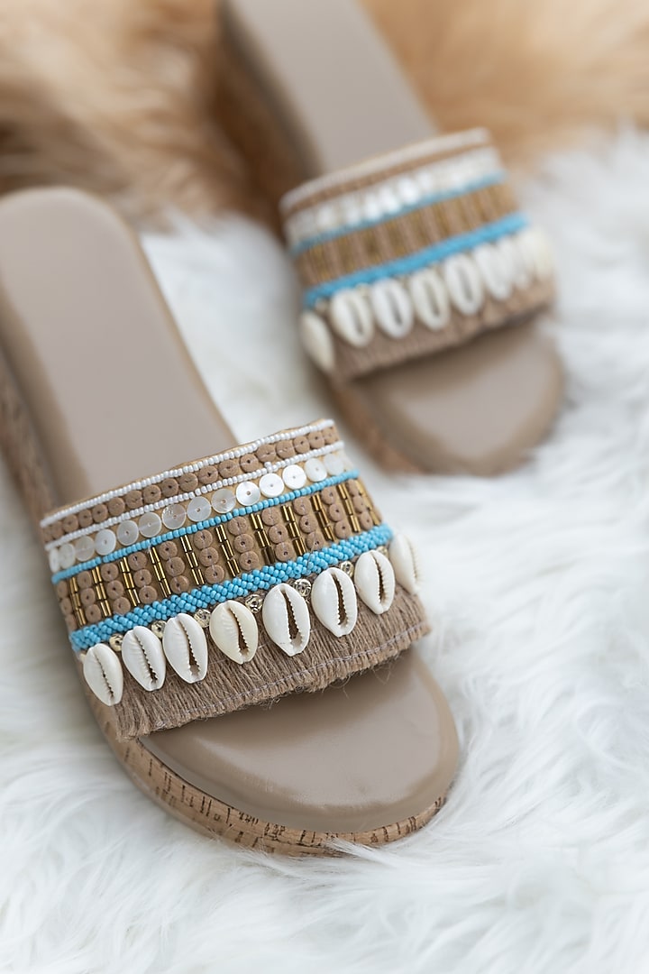 Brown PU Thread Embroidered Wedges by Jutti Express at Pernia's Pop Up Shop