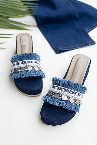 Blue PU Lace Work Denim Wedges by Jutti Express